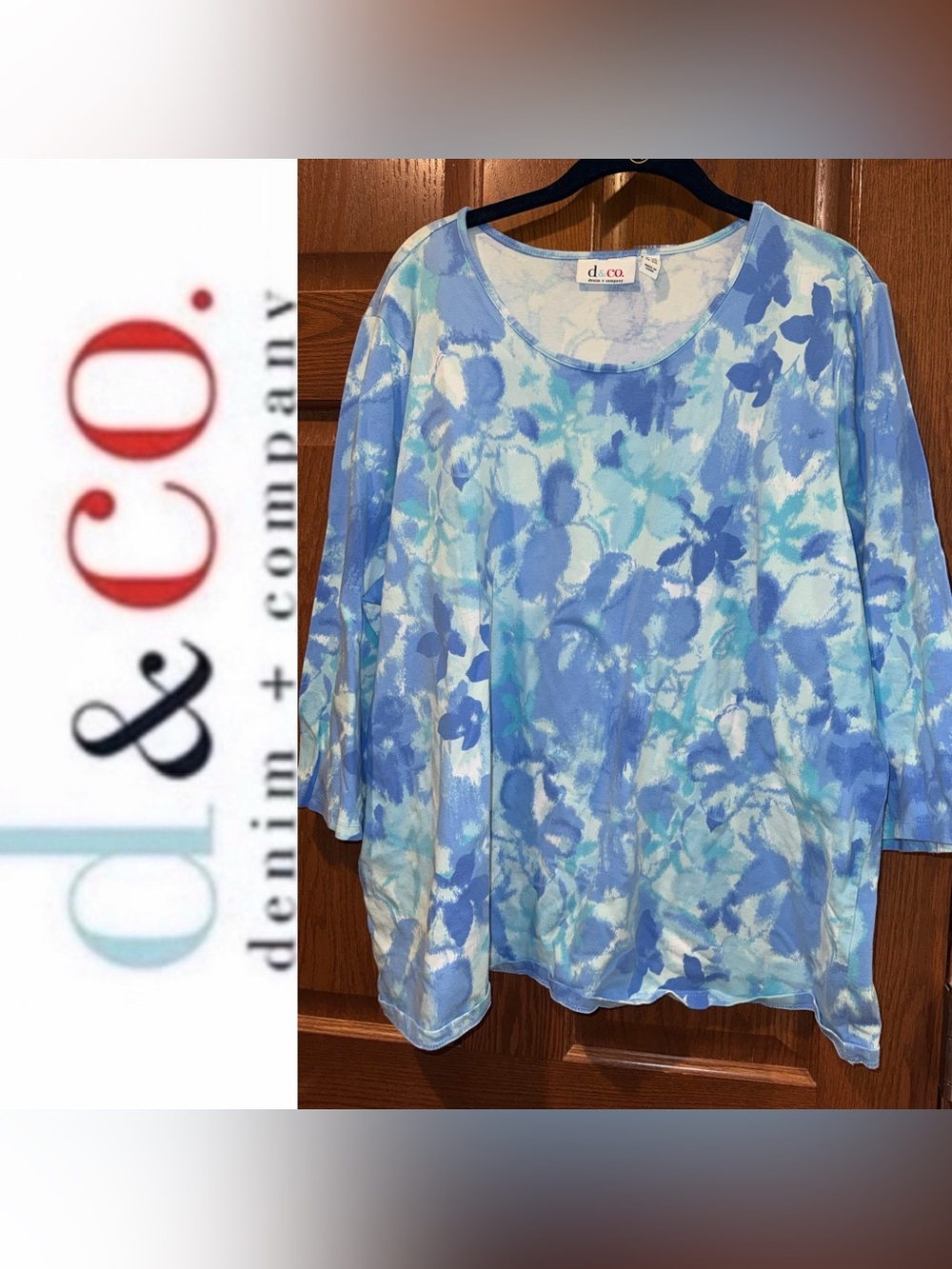 EUC Denim & Co. 2X Printed Blur Watercolor 3/4 Sleeve Top